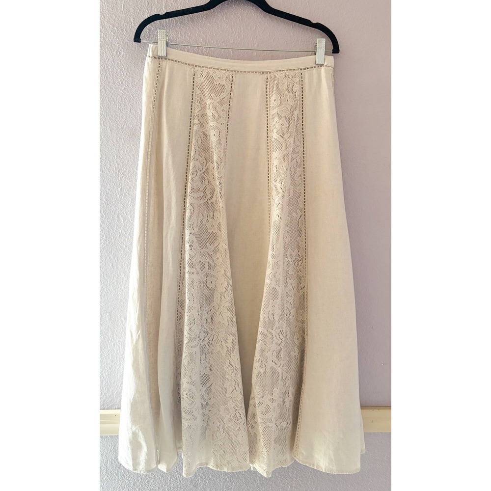 Coldwater Creek Womens Small Linen Blend Lace Inset Maxi Skirt Boho Shabby Chic